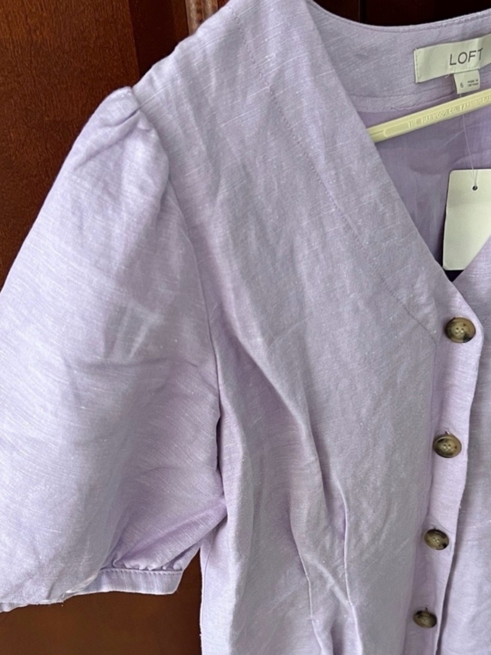 LOFT Button V-Neck Dress Linen Puff Sleeve Size 6 New NWT Light Purple - Picture 4 of 4